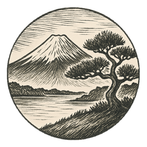 Voidetch Logo: A traditional Japanese landscape with Mt. Fuji and a pine tree inside a circle, drawn in a black and white woodcut style.